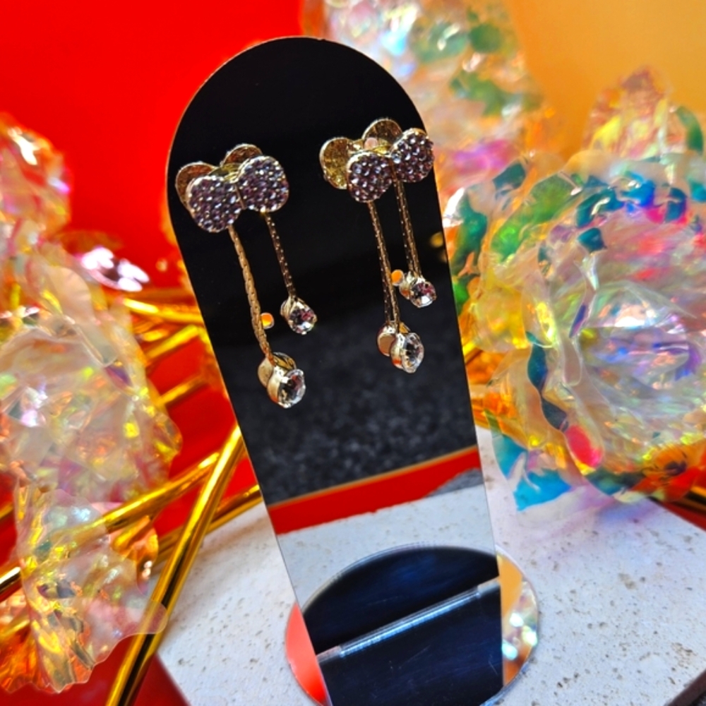 Bow Tie Charm Drop Earrings Gold Rhinestones